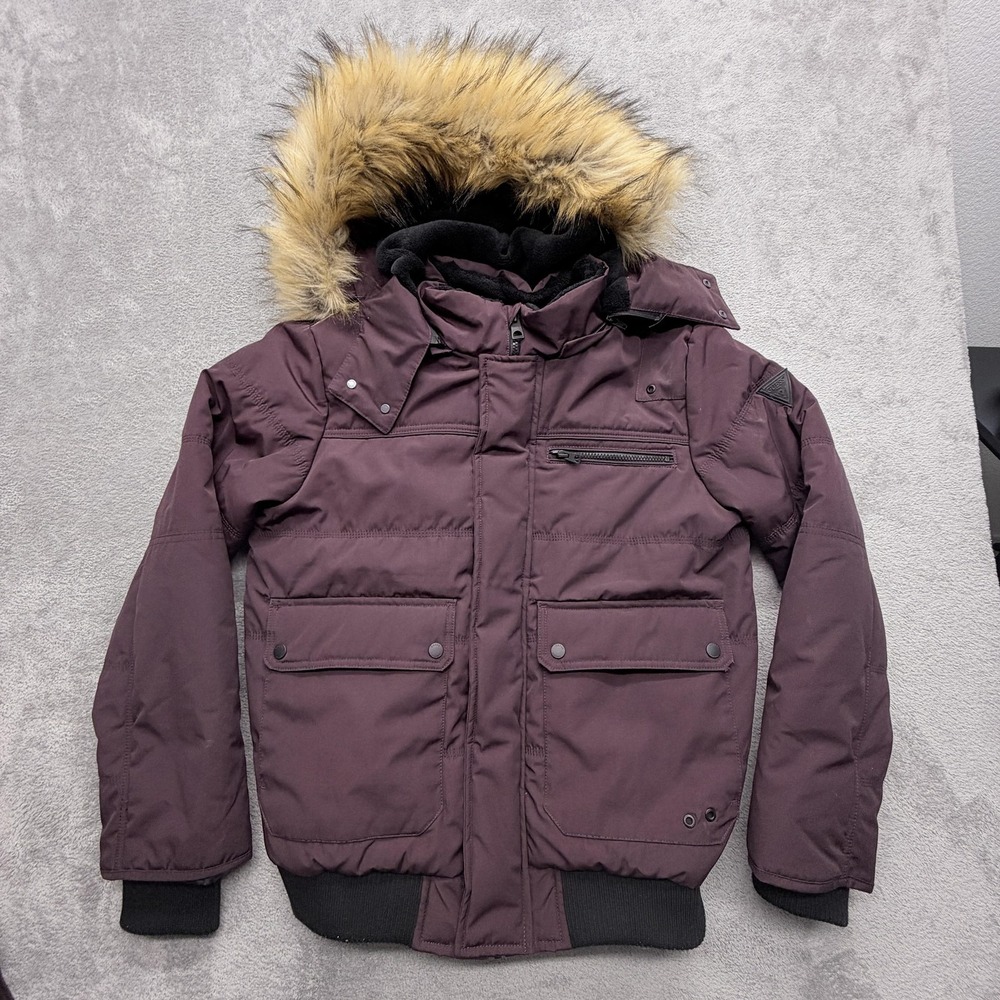 GUESS Jacket Mens‎ M Purple Puffer Hooded Fur Trim Insulated Zipped Pockets